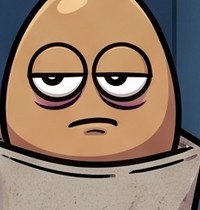 Bert, the brown egg with half-closed eyes